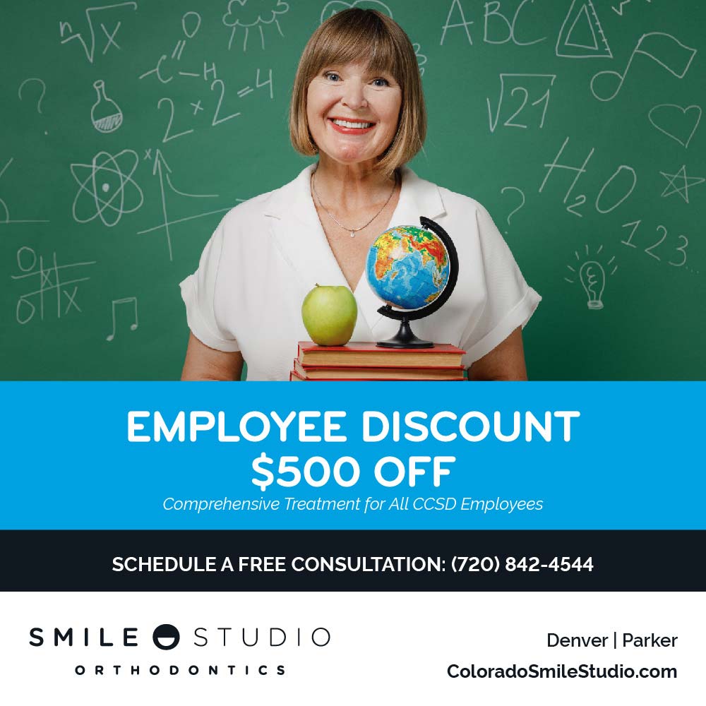 Smile Studio Orthodontics - EMPLOYEE DISCOUNT $500 OFF<br>Comprehensive Treatment for All CCSD Employees<br>SCHEDULE A FREE CONSULTATION: (720) 842-4544<br>Denver | Parker<br>ColoradoSmileStudio.com